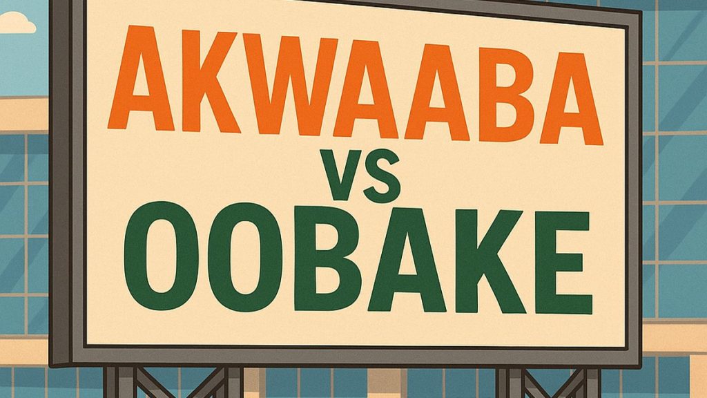 Akwaaba vs Oobake satire billboard and Once Upon a Time in Ghana book cover promotion