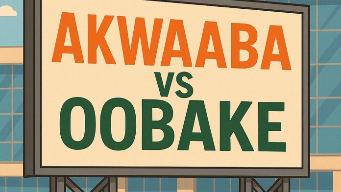 Akwaaba vs Oobake satire billboard and Once Upon a Time in Ghana book cover promotion