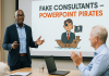 Business consultant giving presentation with PowerPoint pirate illustration in Ghana