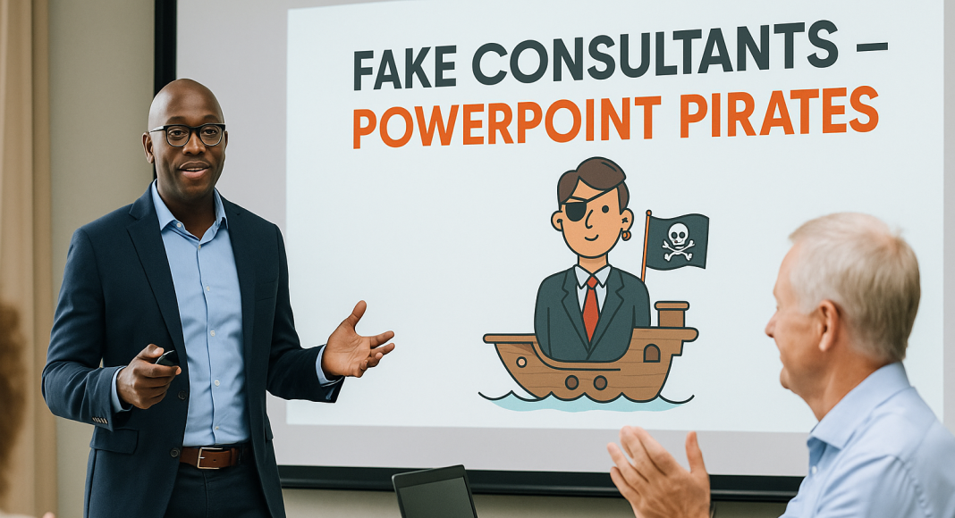 Business consultant giving presentation with PowerPoint pirate illustration in Ghana