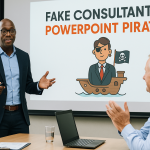 Business consultant giving presentation with PowerPoint pirate illustration in Ghana