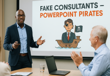 Fake Consultants — PowerPoint Pirates Business consultant giving presentation with PowerPoint pirate illustration in Ghana
