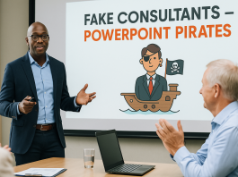 Business consultant giving presentation with PowerPoint pirate illustration in Ghana