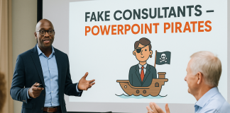 Fake Consultants — PowerPoint Pirates Business consultant giving presentation with PowerPoint pirate illustration in Ghana