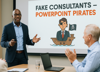 Fake Consultants — PowerPoint Pirates Business consultant giving presentation with PowerPoint pirate illustration in Ghana