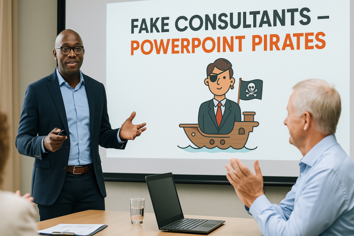 Business consultant giving presentation with PowerPoint pirate illustration in Ghana