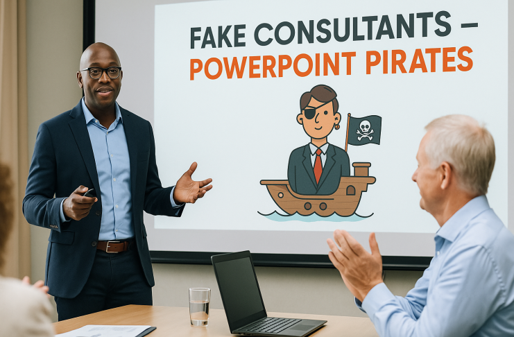 Business consultant giving presentation with PowerPoint pirate illustration in Ghana