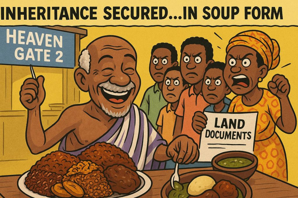 Inheritance satire in Ghana cartoon: elderly man eating fufu while family waves land documents