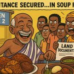 Fufu Before Funeral: 1 Hilarious Inheritance Satire in the Republic of Uncommon Sense Inheritance satire in Ghana cartoon: elderly man eating fufu while family waves land documents
