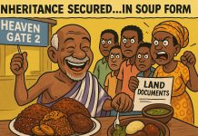 Fufu Before Funeral: 1 Hilarious Inheritance Satire in the Republic of Uncommon Sense Inheritance satire in Ghana cartoon: elderly man eating fufu while family waves land documents