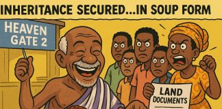 Fufu Before Funeral: 1 Hilarious Inheritance Satire in the Republic of Uncommon Sense Inheritance satire in Ghana cartoon: elderly man eating fufu while family waves land documents