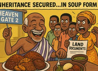 Fufu Before Funeral: 1 Hilarious Inheritance Satire in the Republic of Uncommon Sense Inheritance satire in Ghana cartoon: elderly man eating fufu while family waves land documents