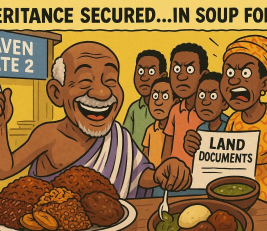 Fufu Before Funeral: 1 Hilarious Inheritance Satire in the Republic of Uncommon Sense Inheritance satire in Ghana cartoon: elderly man eating fufu while family waves land documents