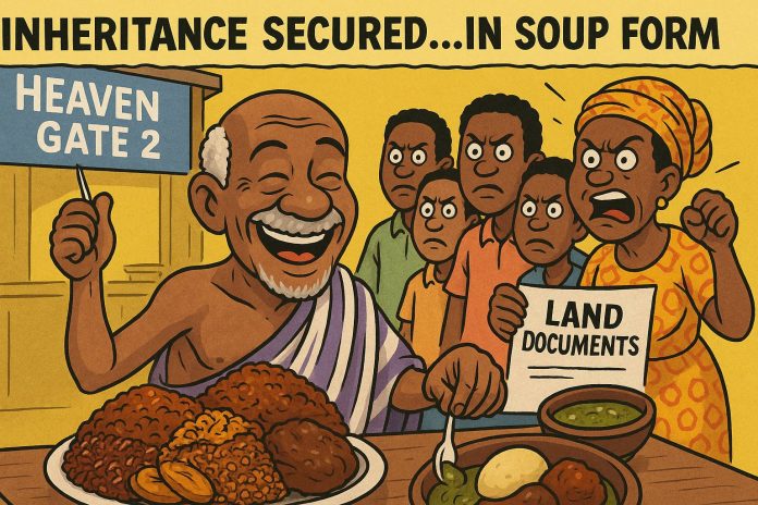 Inheritance satire in Ghana cartoon: elderly man eating fufu while family waves land documents