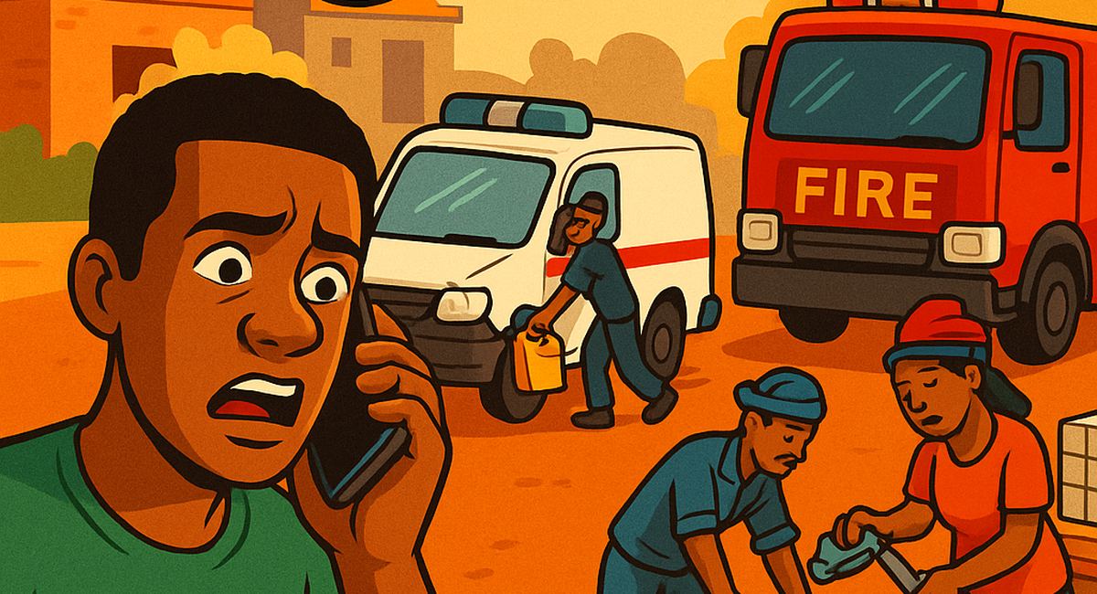Ghana emergency number 191 satire — cartoon of fragmented response with broken ambulance and fire truck