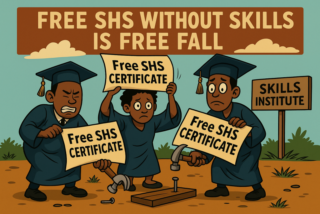 Satirical cartoon of Free SHS graduates struggling to use their certificates as tools.