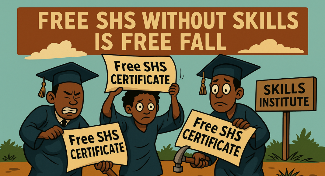 Satirical cartoon of Free SHS graduates struggling to use their certificates as tools.