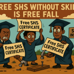 Satirical cartoon of Free SHS graduates struggling to use their certificates as tools.