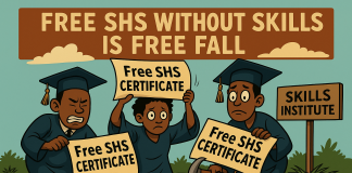 Free SHS or Free Fall? Why Ghana’s Education Policy Became a Political Jingle Satirical cartoon of Free SHS graduates struggling to use their certificates as tools.