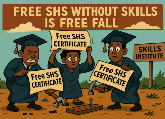 Satirical cartoon of Free SHS graduates struggling to use their certificates as tools.