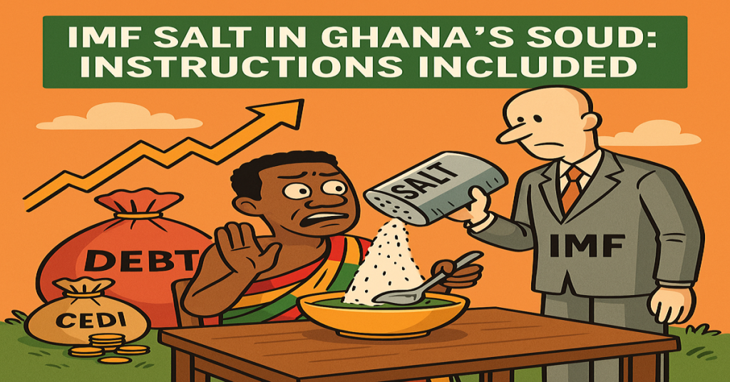 IMF Ghana satire cartoon — IMF pouring salt in Ghana’s soup, symbolizing inflation, debt, and protests