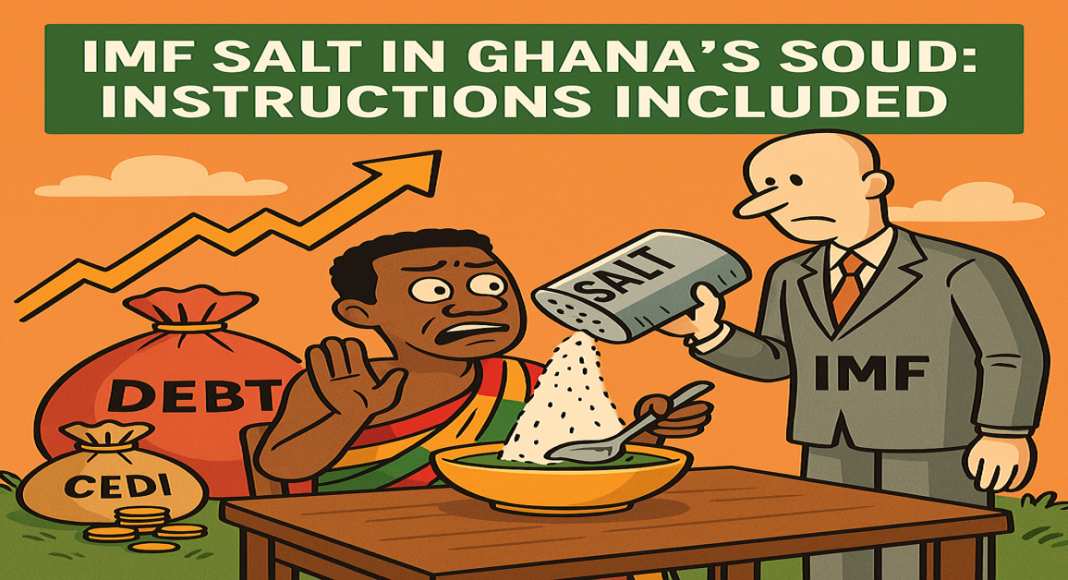 IMF Ghana satire cartoon — IMF pouring salt in Ghana’s soup, symbolizing inflation, debt, and protests