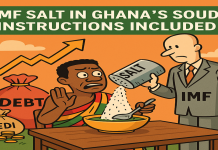 IMF Salt in Ghana’s Soup: Instructions Included IMF Ghana satire cartoon — IMF pouring salt in Ghana’s soup, symbolizing inflation, debt, and protests