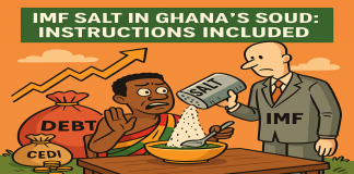 IMF Salt in Ghana’s Soup: Instructions Included IMF Ghana satire cartoon — IMF pouring salt in Ghana’s soup, symbolizing inflation, debt, and protests