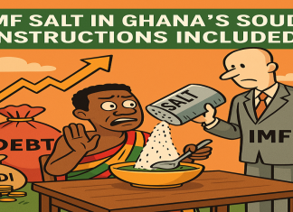 IMF Ghana satire cartoon — IMF pouring salt in Ghana’s soup, symbolizing inflation, debt, and protests