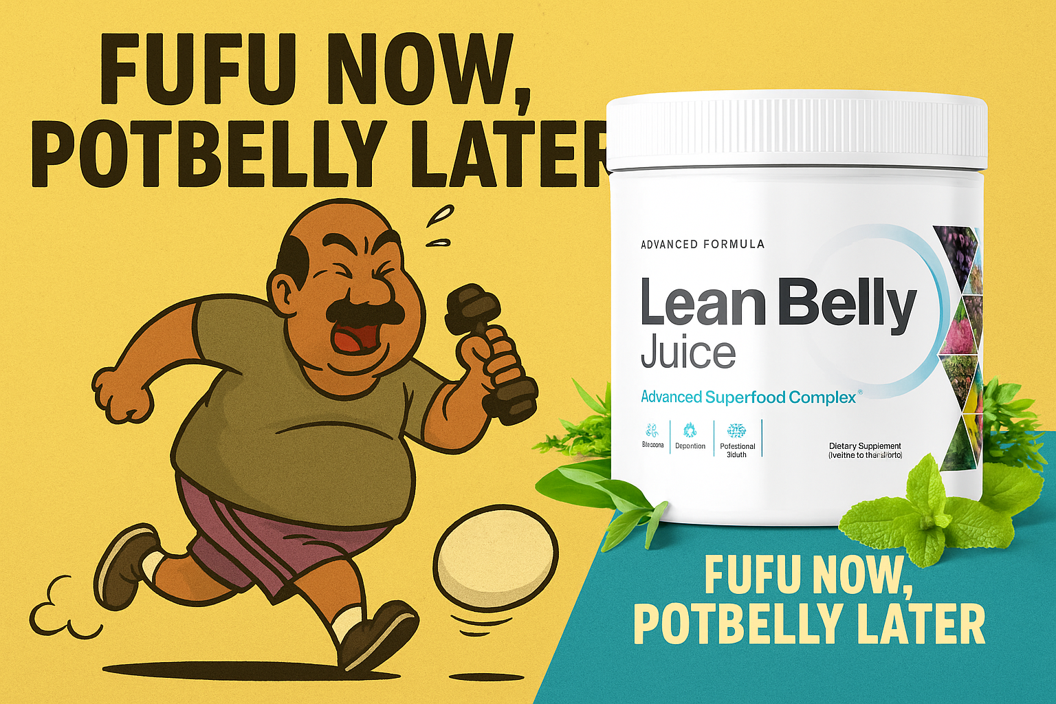 Cartoon ad: potbelly man chasing a fufu ball with a dumbbell, Ikaria Lean Belly Juice satire in the Republic of Uncommon Sense.