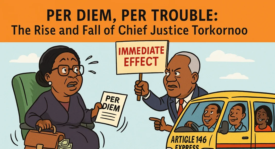 Cartoon satire: Chief Justice Torkornoo removal satire, per diem bags, Article 146 trotro, Immediate Effect placard
