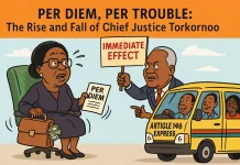 Per Diem, Per Trouble: The Shocking Chief Justice Torkornoo Removal Satire Cartoon satire: Chief Justice Torkornoo removal satire, per diem bags, Article 146 trotro, Immediate Effect placard