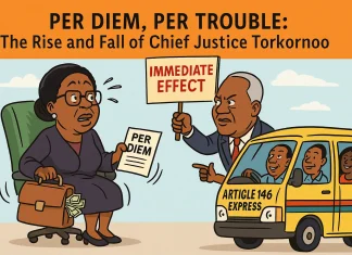 Per Diem, Per Trouble: The Shocking Chief Justice Torkornoo Removal Satire Cartoon satire: Chief Justice Torkornoo removal satire, per diem bags, Article 146 trotro, Immediate Effect placard