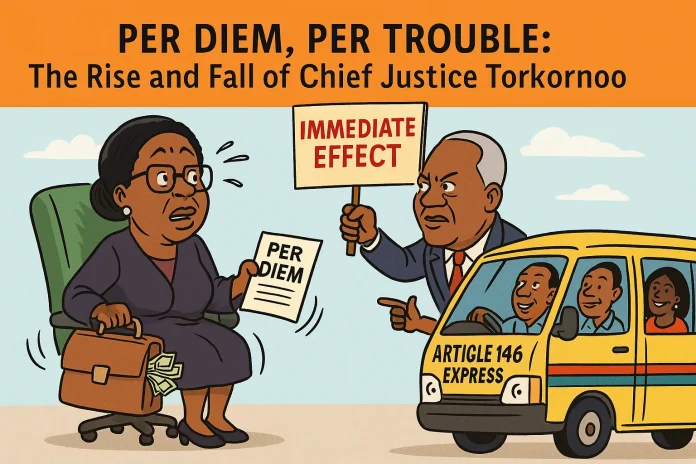 Cartoon satire: Chief Justice Torkornoo removal satire, per diem bags, Article 146 trotro, Immediate Effect placard
