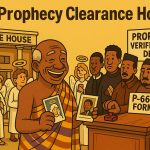 → Cartoon: Prophecy Clearance House satire — pastors queue with P-666 forms while angels present passport photos.