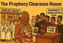 Prophecy Satire in the Republic: Clearance House Opens with Heavenly Paperwork → Cartoon: Prophecy Clearance House satire — pastors queue with P-666 forms while angels present passport photos.