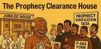 Prophecy Satire in the Republic: Clearance House Opens with Heavenly Paperwork → Cartoon: Prophecy Clearance House satire — pastors queue with P-666 forms while angels present passport photos.