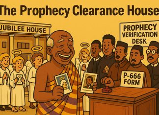 Prophecy Satire in the Republic: Clearance House Opens with Heavenly Paperwork → Cartoon: Prophecy Clearance House satire — pastors queue with P-666 forms while angels present passport photos.