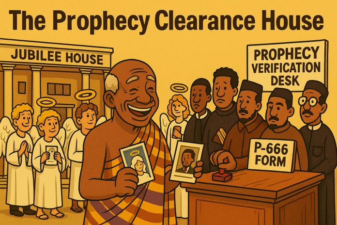 → Cartoon: Prophecy Clearance House satire — pastors queue with P-666 forms while angels present passport photos.