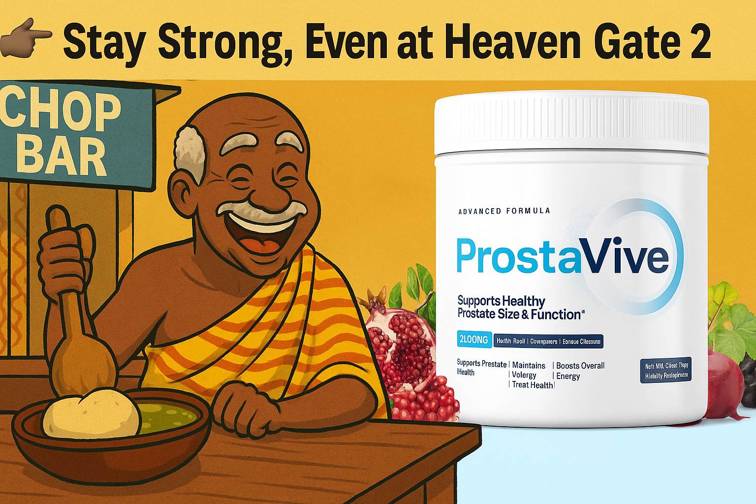 Cartoon ad: smiling elder in kente enjoying fufu at a chop bar; Prostavive stamina satire in the Republic of Uncommon Sense.