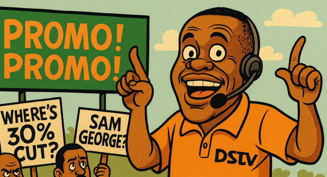 Satirical cartoon of Ghana’s Minister of Communications Sam George depicted as a DSTV salesman holding promotional flyers, surrounded by laughing citizens with speech bubbles mocking high subscription rates, symbolizing the controversy over DSTV packages in 2025.