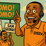 Satirical cartoon of Ghana’s Minister of Communications Sam George depicted as a DSTV salesman holding promotional flyers, surrounded by laughing citizens with speech bubbles mocking high subscription rates, symbolizing the controversy over DSTV packages in 2025.