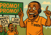 Sam George, DSTV, and the Republic’s New Marketing Manager Satirical cartoon of Ghana’s Minister of Communications Sam George depicted as a DSTV salesman holding promotional flyers, surrounded by laughing citizens with speech bubbles mocking high subscription rates, symbolizing the controversy over DSTV packages in 2025.
