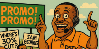Sam George, DSTV, and the Republic’s New Marketing Manager Satirical cartoon of Ghana’s Minister of Communications Sam George depicted as a DSTV salesman holding promotional flyers, surrounded by laughing citizens with speech bubbles mocking high subscription rates, symbolizing the controversy over DSTV packages in 2025.