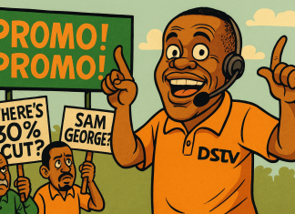 Satirical cartoon of Ghana’s Minister of Communications Sam George depicted as a DSTV salesman holding promotional flyers, surrounded by laughing citizens with speech bubbles mocking high subscription rates, symbolizing the controversy over DSTV packages in 2025.