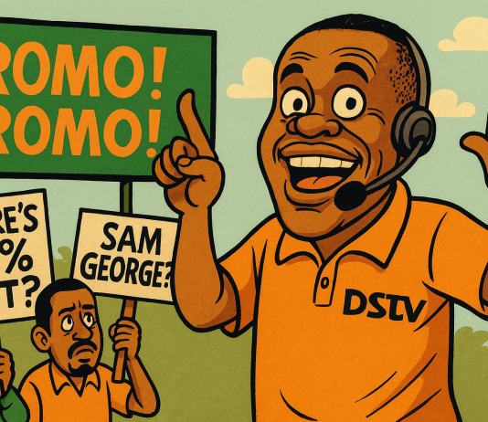 Sam George, DSTV, and the Republic’s New Marketing Manager Satirical cartoon of Ghana’s Minister of Communications Sam George depicted as a DSTV salesman holding promotional flyers, surrounded by laughing citizens with speech bubbles mocking high subscription rates, symbolizing the controversy over DSTV packages in 2025.