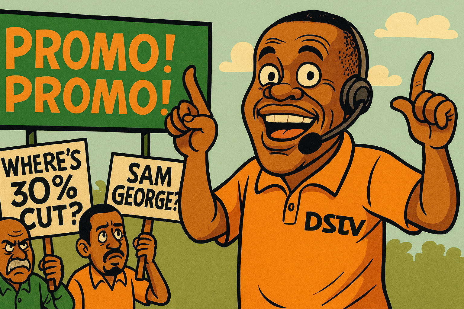 Sam George DSTV Ghana 2025 satire illustration showing the minister as a DSTV promoter with citizens holding price-cut placards