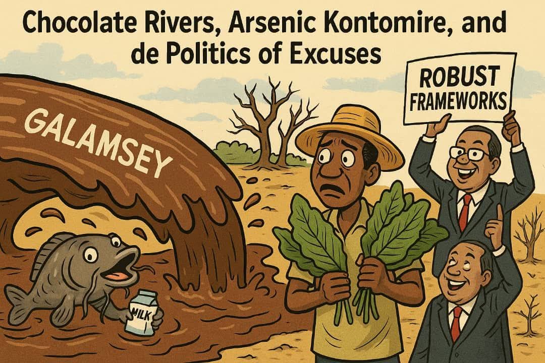 Ghana galamsey satire cartoon showing poisoned river, worried farmer and 'robust frameworks' placard