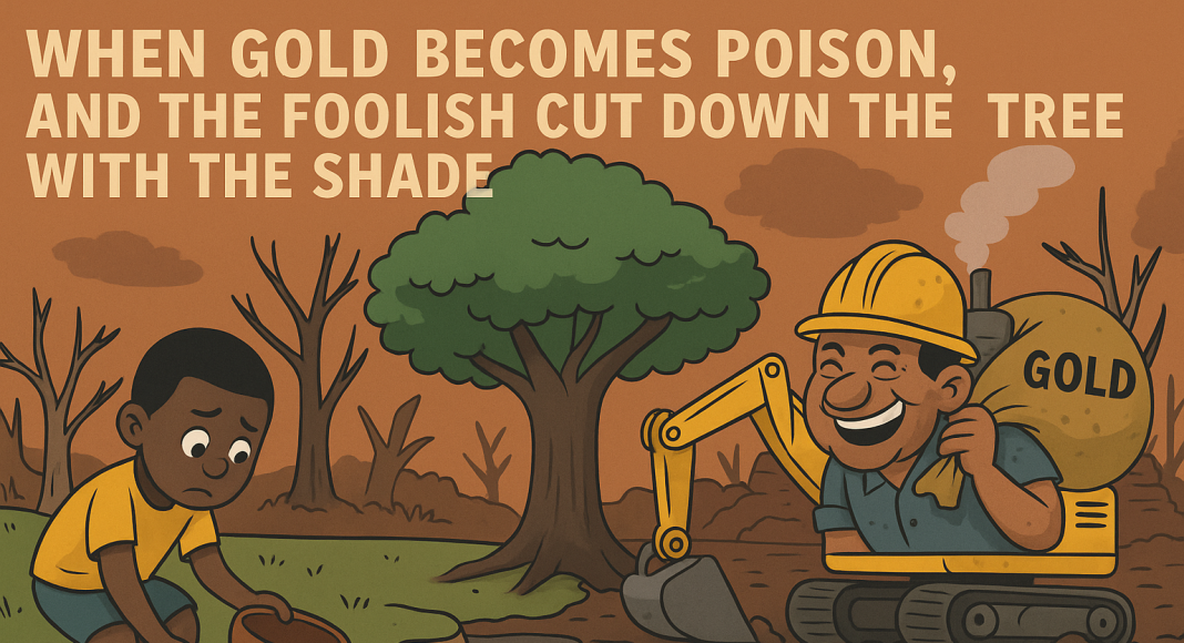 Galamsey health effects Ghana 2025 satire illustration with polluted river and bulldozers.