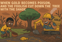 Galamsey Health Effects Ghana 2025 – Deadly Impact on Rivers & Lives Galamsey health effects Ghana 2025 satire illustration with polluted river and bulldozers.